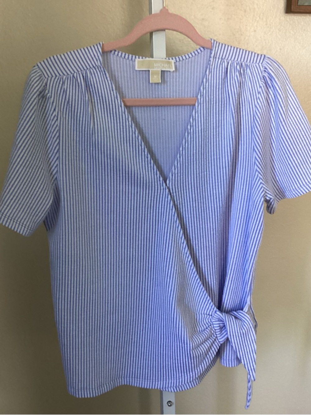 Michael Kors Light Blue & White Striped Wrap Tie Top NWOT M